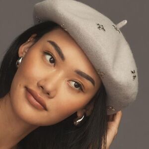 Anthropologie Maeve Embellished Gray  beret New